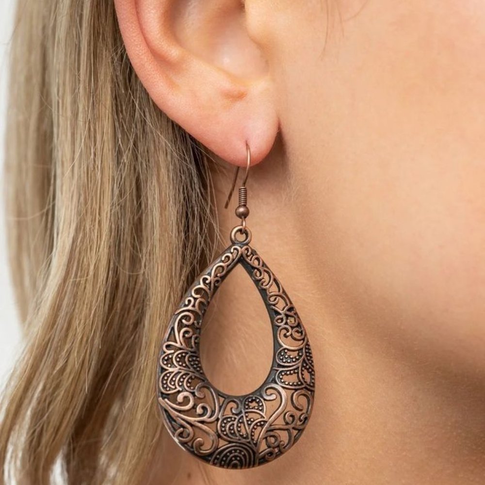 Copper-Tone Filigree Teardrop Dangle Earrings